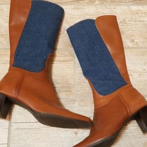 Leather & denim heeled boots 7.5